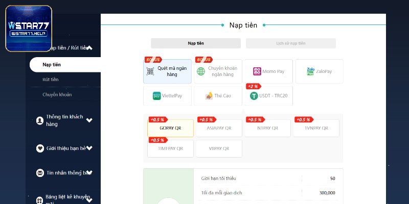 Các bước hướng dẫn nạp tiền Wstar77 dành cho người mới