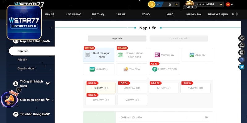 Wstar77 cấp nhiều cổng nạp tiền hiện đại